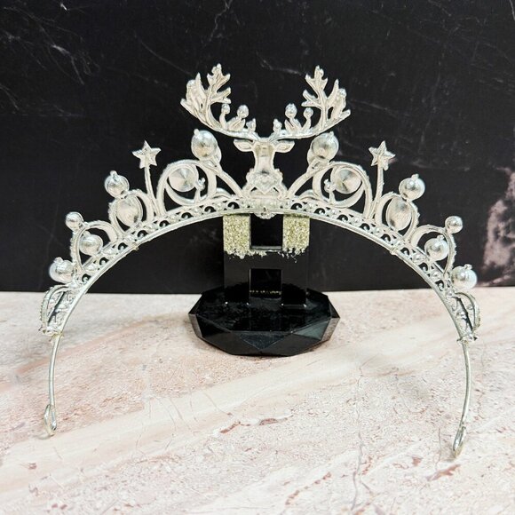 Festive Holiday Crown, Christmas Headband, Silver Tiara Crown, Reindeer Crown - Picture 6 of 8
